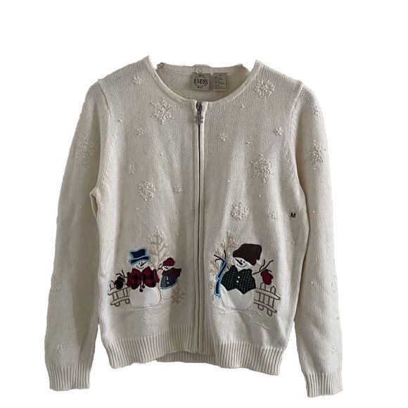 B Moss Sweaters - Vintage B Moss Snowman Ugly Christmas Cream Full Zip Cardigan Sweater Size M